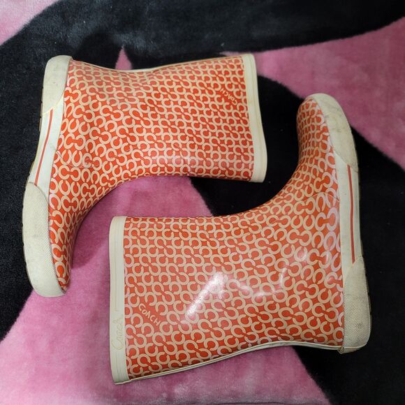 Vtg Coach Ursula Pink Red Signature Rubber Rain Boots - Picture 3 of 7